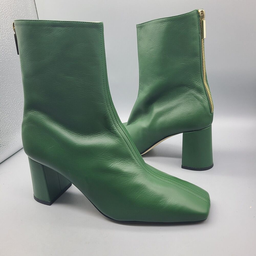 Dear Frances Ankle Boots Green Leather Zip Square Heel Toe Size US 9.5/39.5 New